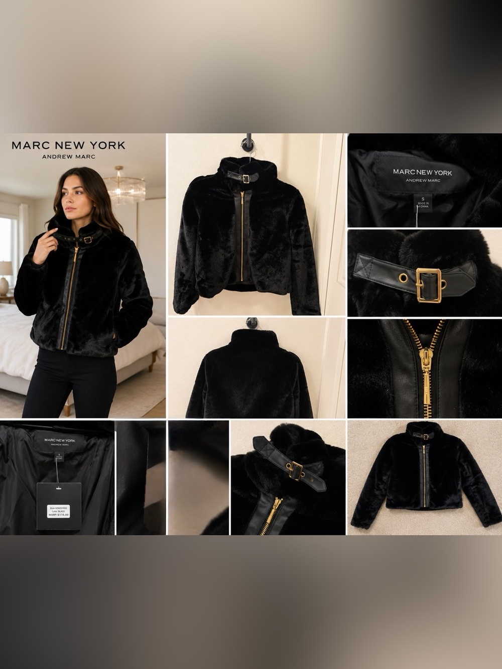 Andrew Marc New York Faux Fur Cropped Jacket with Buckle Collar - Black